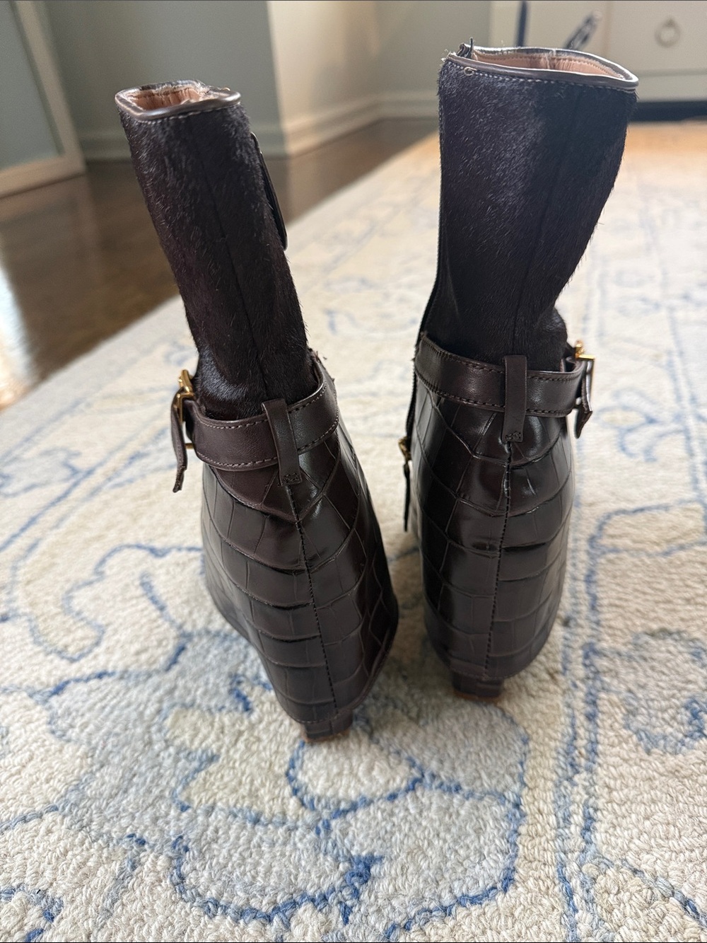 SCHUTZ Dark Brown Croc-Embossed Pointed Toe Ankle Boots with Gold Buckle - Picture 4 of 7